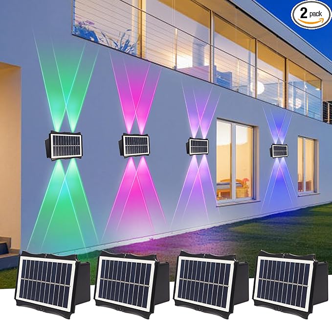 Solar Powered Outdoor LED Lights, Waterproof Wall Sconces, 4 LEDs Fence Lights, Up & Down Lighting for Backyard, Deck, Patio, Porch, Balcony, Garden (4 Pack)-VerdiqueGarden