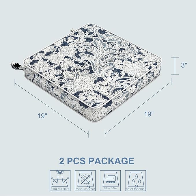 LVTXIII Patio Chair Cushions 19"x19"x3", Water-Repellent Outdoor Seat Cushions for Patio Furniture, Square Chair Pads with Ties for Home Garden Decoration, Set of 2, Damask Lapis-VerdiqueGarden