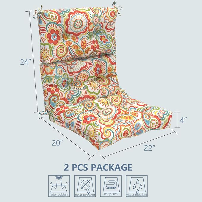LVTXIII Outdoor Seat/Back Chair Cushion Patio Tufted High Back Cushion, Seasonal Replacement Rocking Chair Cushion with Ties (22” W x 20D”, Set of 2, Flower Red)-VerdiqueGarden
