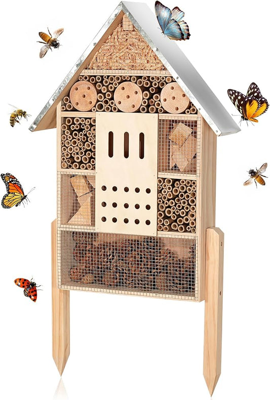 antiai Extra Large Wooden Insect House with Stakes,Wood Mason Bee Butterfly House,Insect Hotel,an Outdoor Bamboo Habitat for Ladybugs Live,Bee Box,Butterfly Habitat for Garden and Yard,30" H x15 W-VerdiqueGarden