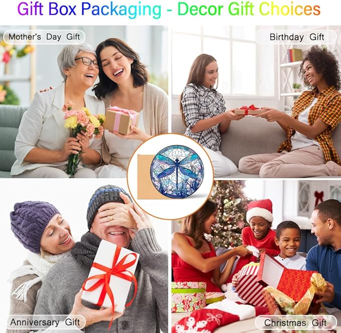 Dragonfly Decor Suncatcher Stained Glass Window Hanging - Handmade Artistic Suncatchers for Windows Hanging - Wall Home Decor Suncatcher with Metal Chain and Hook Gift for Women Mom Home Porch Garden-VerdiqueGarden