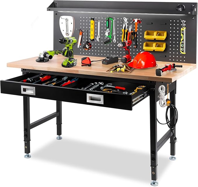 60" Workbench with Drawers, Work Benches for Garage with Strip Light, Adjustable Work Table with Large Pegboard, 2000 LBS Heavy Duty Table with Power Outlet Rubber Wood for Garage, Office-VerdiqueGarden