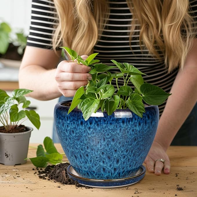 10 Inch Ceramic Planter Pot, Ceramic Plant Pot for Indoor Outdoor Plants, Large Flower Pot with Drainage Hole and Saucer, Blue-VerdiqueGarden