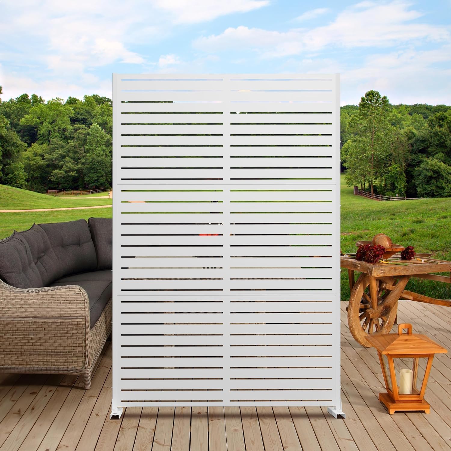 Metal Privacy Screen Outdoor 72" H×47" W,Freestanding Decorative Privacy Screen for Balcony Yard&Garden,Privacy Fence-White&Louvered-VerdiqueGarden