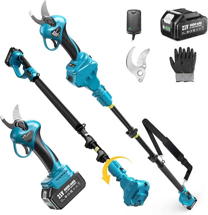 Seesii 2-in-1 Electric Pruning Shears with Pole, 15Ft Reach, 1.2" Cutting Diameter, 21V 4000mAh Battery, Cordless Pruner with Brushless Motor for Orchard, Flower, Branch, Tree Trimming-VerdiqueGarden