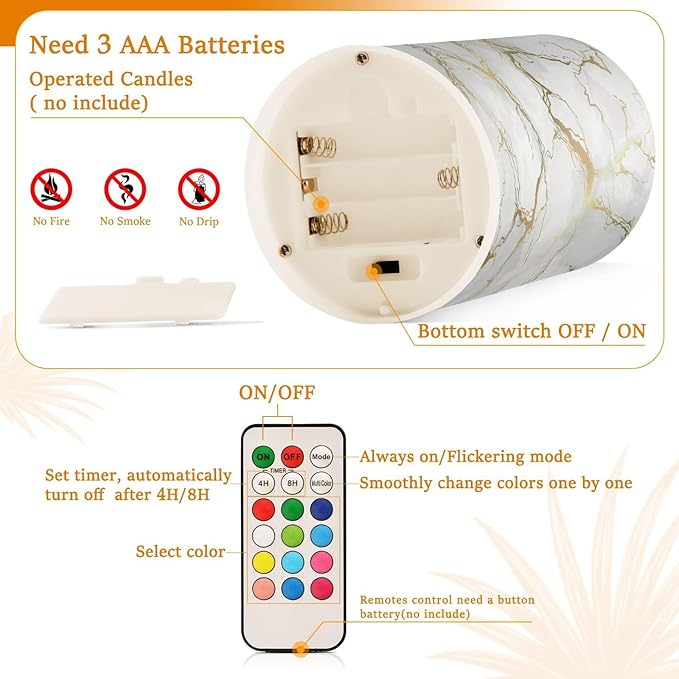 Flickering Flameless Candles, Marble Gray White Golden Texture LED Candles with Remote Timer, Set of 2 Battery Operated Candle for Valentine Wedding Birthday-VerdiqueGarden