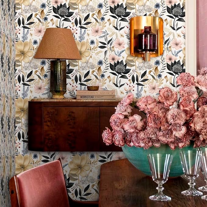 White/Pink/Gold Floral Garden Black Blue Flowers Vintage Peel and Stick Wallpaper Self Adhesive Removable Easy Peel Off Contact Paper Stick on Wall Paper for Bedroom Cabinet Renter Friendly-VerdiqueGarden