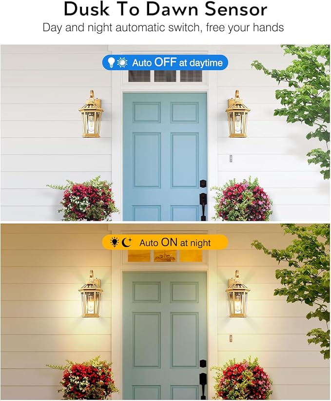 VIANIS Outdoor Porch Lights Wall Mount, Dusk to Dawn Exterior Light Fixture for House, 100% Anti-Rust Aluminum Waterproof Porch Light Outside Wall Lights, Gold Wall Sconce Lanterns for Garage-VerdiqueGarden