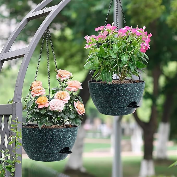 12 Inch Hanging Baskets 2 PC with Chains, Self-Watering Hanging Planters for Indoor Outdoor Plants, Plastic Hanging Flower Pots, Black with Green Speckles-VerdiqueGarden
