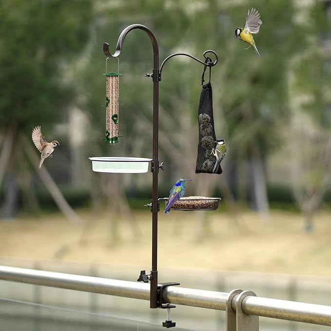 Deck Bird Feeding Station | Premium Multi Feeder Hanging Kit with Bird Bath & Sock Feeder | Attracts Wild Birds, Planter Hanger Hook for Outdoor Deck, Patio, Garden-VerdiqueGarden