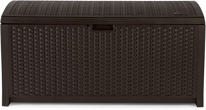 Suncast Outdoor Storage Box - 73 Gallon Mocha Brown Deck Box for Patio, Waterproof Outdoor Storage Bench, Resin Wicker Style, Heavy-Duty, Lockable Lid for Cushions, Shoes, Pool & Garden Gear-VerdiqueGarden