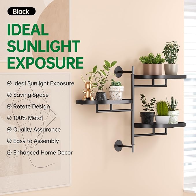 Rotating Window Plant Shelves for Multiple Plants Indoors,3-tier Metal Corner black Plant Stand Holder Floating Plant Shelf for Wall，Windows Sill Gifts for Plant Lovers to Enhance Home Decor-VerdiqueGarden