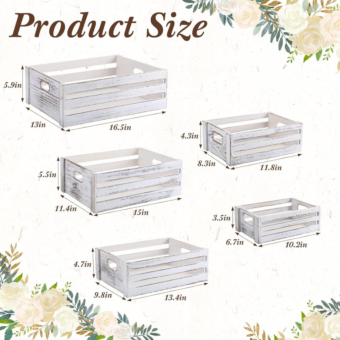 5 Pack Decorative Wood Crates for Display 5 Sizes Rustic Nesting Wooden Crates Vintage Storage Container Boxes with Handles Handmade Decorative Baskets Bin for Farmhouse(Vintage White)-VerdiqueGarden