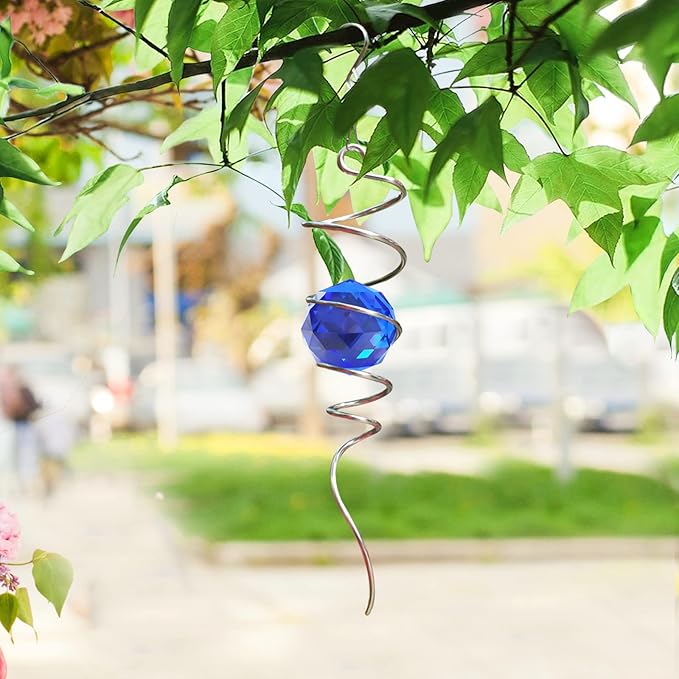 FONMY Gazing Ball Spiral Tail -Decorative Wind Spinner Sun Catcher Rainbow Maker 11 inch Tail and 2 inch Dark Blue Crystal Orb. Indoor Outdoor Garden Decoration -13 inch Height-VerdiqueGarden