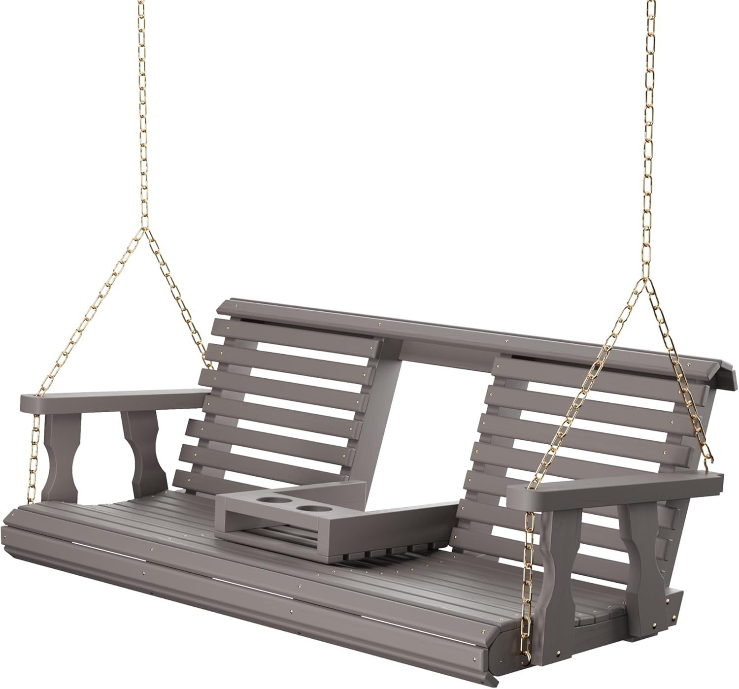 Porchgate Amish Heavy Duty Console Porch Swing with Fold Down Cup Holders in Semi Solid Grey Stain - Amish Made in The USA from Treated Pine, Hanging Chains Included-VerdiqueGarden