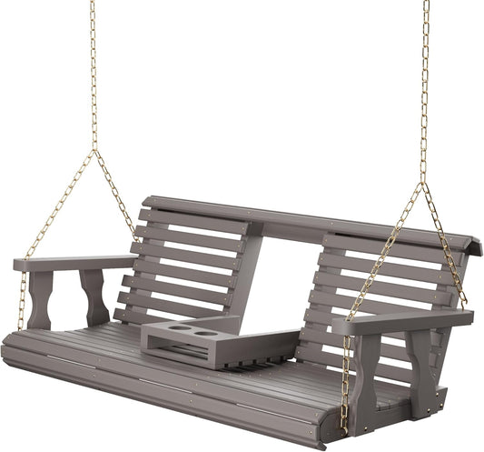 Porchgate Amish Heavy Duty Console Porch Swing with Fold Down Cup Holders in Semi Solid Grey Stain - Amish Made in The USA from Treated Pine, Hanging Chains Included-VerdiqueGarden