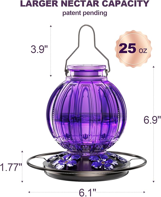 Glass Hummingbird Feeder for Outdoors Hanging, Bird Nectar Feeder with Perch & 5 Flower Feeding Ports, 26 Oz Leak Proof for Outside Garden Decor Backyard, Gifts for Women Mom, Purple-VerdiqueGarden
