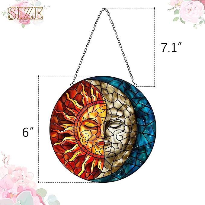 Sun and Moon Suncatcher Stained Glass Window Hanging - Handmade Stain Glass Suncatchers with Chain - Sun Catchers Indoor Window Glass Panel for Home Decor Garden Thanksgiving Valentines Day Gifts-VerdiqueGarden