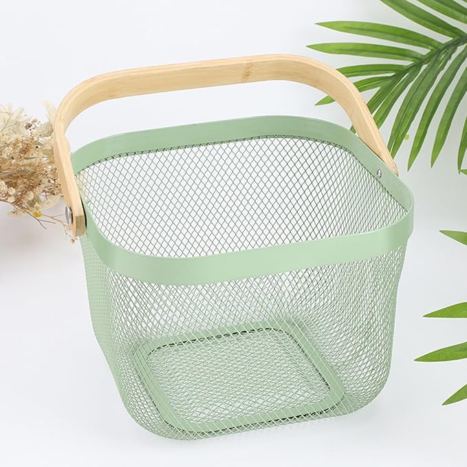 Metal Mesh Steel Basket, Storage Organizer Basket Multi-functional Hanging Kitchen Basket Fruit Basket Bin with Bamboo Handle, 9.84 x 10.2 x 7 inch, Mint Green-VerdiqueGarden