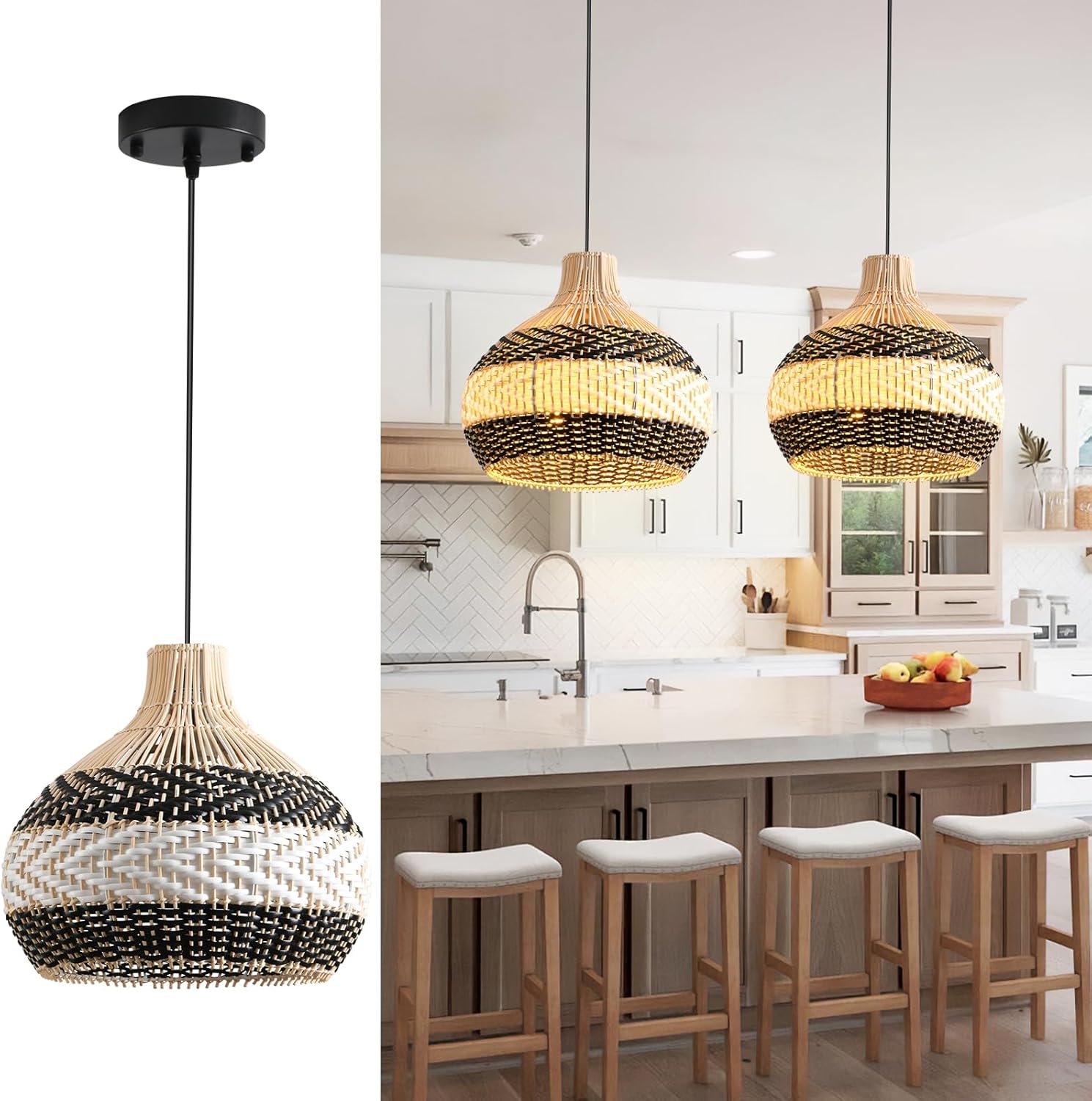 3-Light Rattan Pendant Light,Hand-Woven Black White Faux Rattan Hanging Light 15" Boho Basket Wicker Chandelier,for Living Room Bedroom Kitchen Dining Hallway 1-Pack-VerdiqueGarden