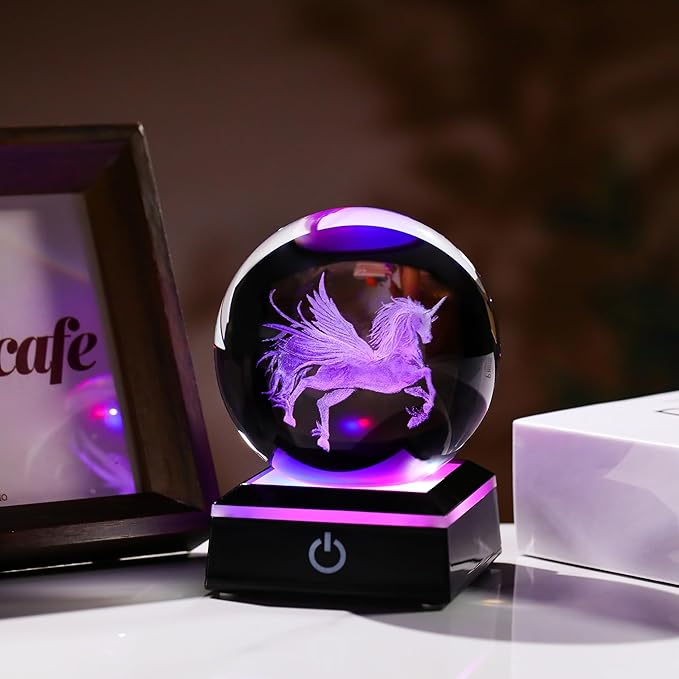 Qianwei Unicorn Gifts for Women 3D Crystal Ball 3.14'' - 80mm Laser Unicorn Decor Glass Animals Unicorn Gifts Figurines Statue Stuff for Room Decorations Unicorn Night Light-VerdiqueGarden