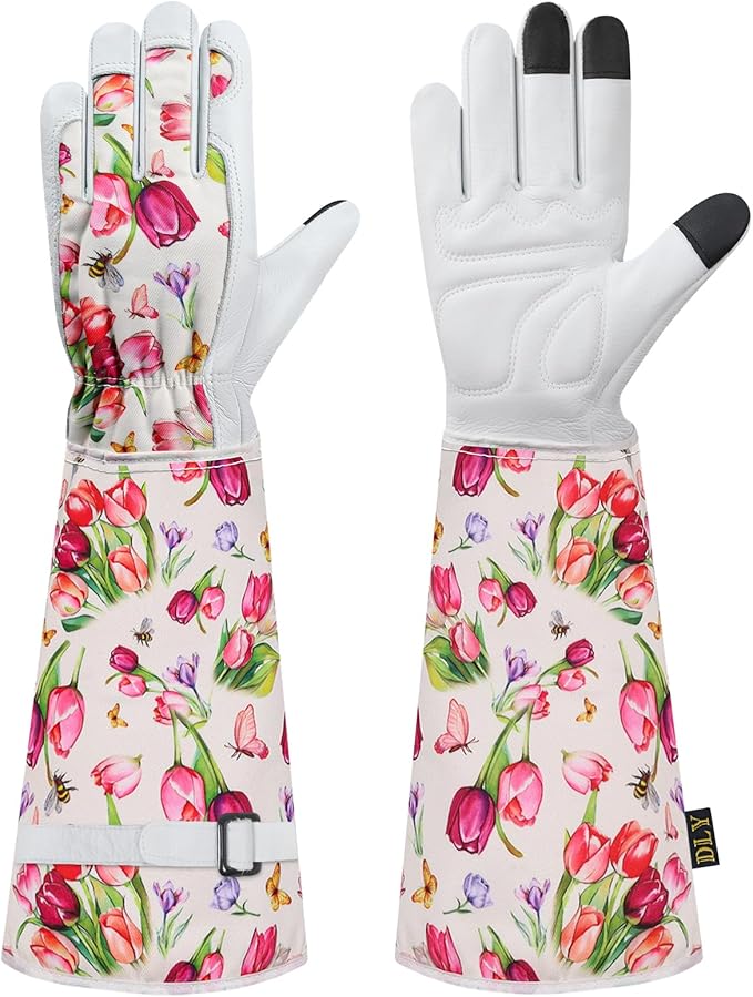 DLY Gardening Gloves for Women, Rose Gloves Gardening Thorn Proof, Long Garden Gloves for Women, Breathable Cowhide Leather Gauntlet(Large,White)-VerdiqueGarden