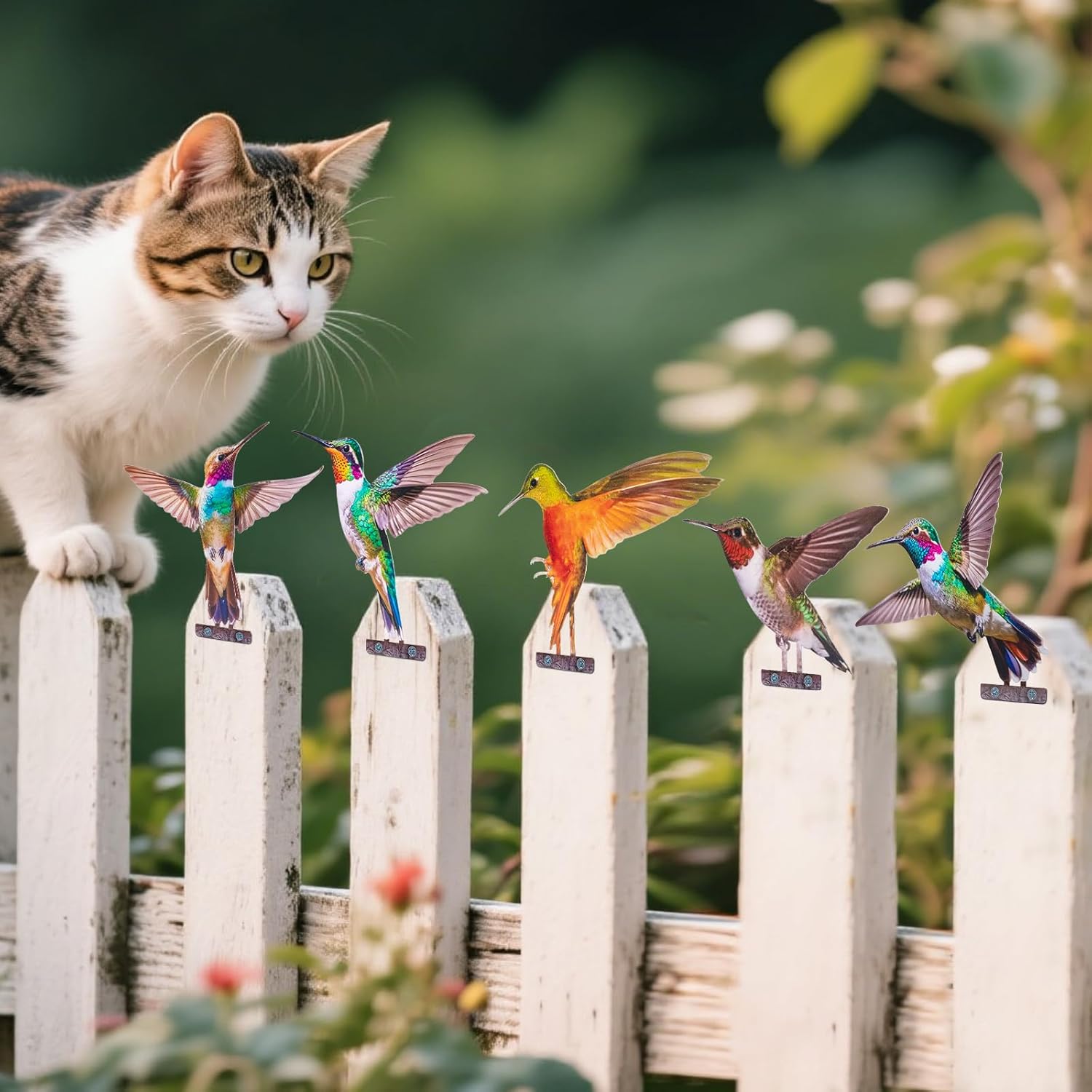 HUYIENO 5PCS Vibrant Metal Bird Decorations Colorful 2D Garden Fence Ornaments for Outdoor Patio & Bird Lovers Hummingbird-VerdiqueGarden