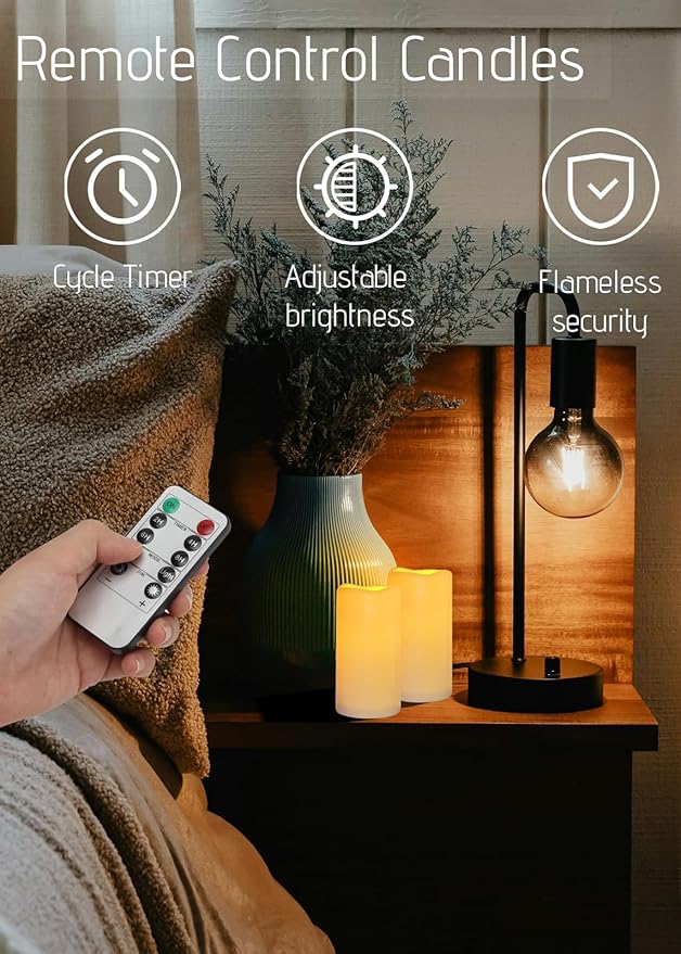 Waterproof Flameless Remote Control Candles 12PACK（D3''*H5.5''） Battery Operated Flickering LED Pillar Candle，plastic with 10-Key 24Hours Timer for Outdoor/Indoor Party Garden Lanterns Porch Ivory-VerdiqueGarden