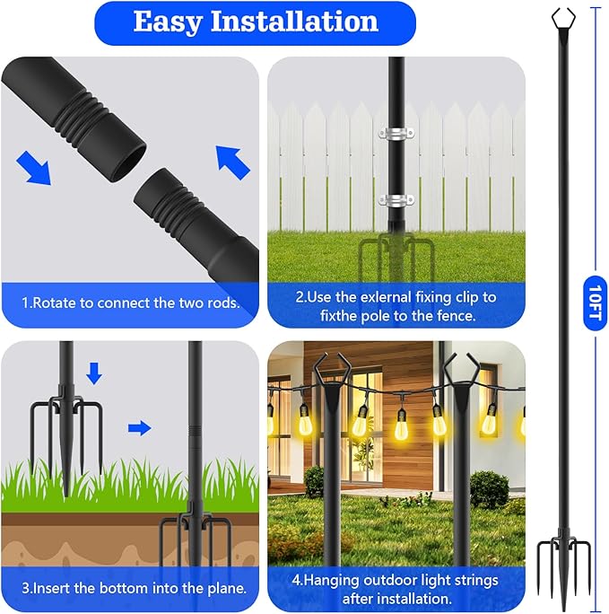 4 Pack String Light Poles,10 Ft Metal Poles with Fork for Outdoor String Lights,Outdoor Light Poles with Fork,Poles/Post/Stand for Outside,Patio,Deck,Backyard,Garden Wedding,Party-VerdiqueGarden