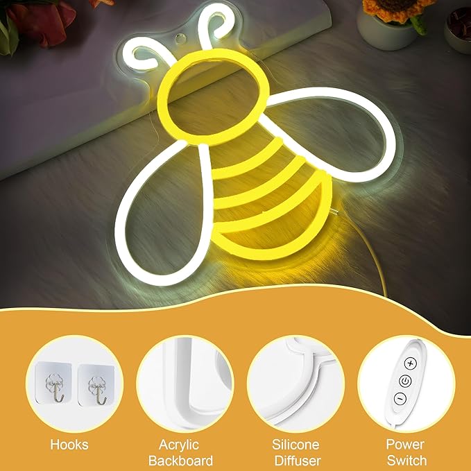 Bee Neon Sign - Dimmable Honey Neon Light Wall Decor, Birthday Party Decorations for Home, Patio, Garden, Bars, Hotels, Stores - Gift for Friends, Family, and Kids-VerdiqueGarden
