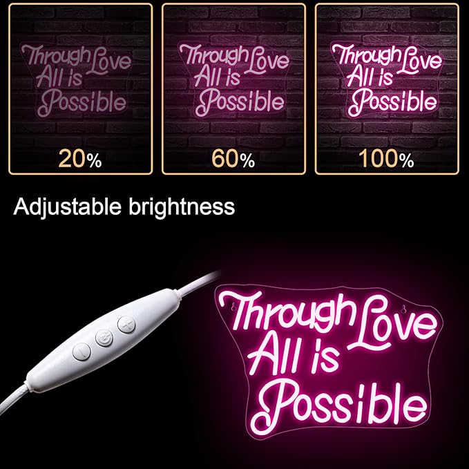 WLHOPE Through Love All is Possible Neon Sign Neon Signs for Wall Decor Dimmable Through Love All is Possible Pink Neon Lights LED Sign for Bedroom,Living Room,Bar,Party,Christmas,Birthday Gift-VerdiqueGarden