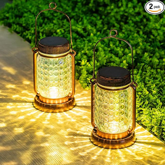 Outdoor Garden Decor, 2 Pack Solar Lantern Waterproof Warmwhite Mason Jar Hanging Lights, Porch Decorative for Garden Yard Patio Backyard Deck Courtyard Lawn-VerdiqueGarden