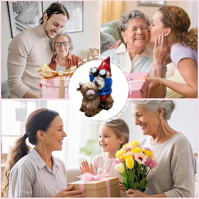 Gnome Garden Statue Solar Lights Outdoor Binoculars on Highland Cow,Birthday Gifts for Women/Men, Housewarming Gifts,Outdoor Decor for Balcony,Garden,Patio,Yard,Lawn(Cow Gnome)-VerdiqueGarden