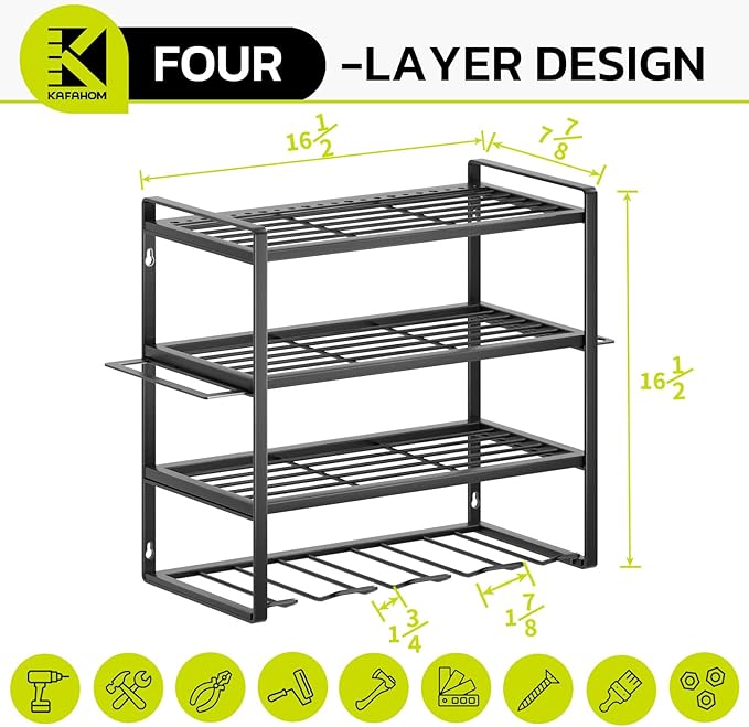 KAFAHOM Power Tool Organizer, Garage Tool Organizers and Storage,Drill Holder Wall Mount, Storage Rack for Cordless Drill, Heavy Duty Tool shelf with Screwdriver Holder/Pliers Holder/Hammer Holder-VerdiqueGarden