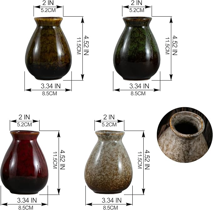 JOJUNO Glazed Rustic Bud Vase Set of 4 - Small Ceramic Mini Pottery Vases in White, Yellow, Green, Red - Ideal for Fresh & Dried Flowers - Modern Farmhouse Décor for Living Room, Shelves, Dining Table-VerdiqueGarden