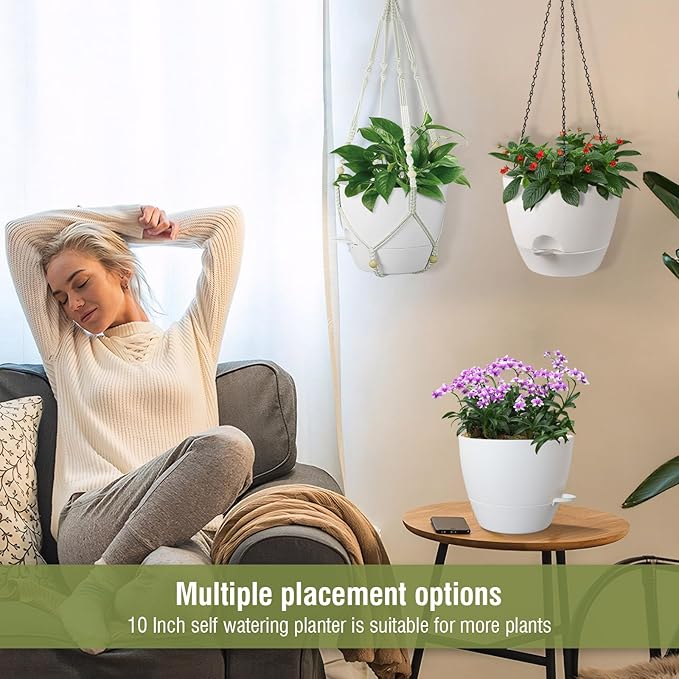 10 inch Self Watering Hanging Planters, 2 Pack Hanging Flower Pots for Indoor Outdoor Plants, Hanging Baskets with Drainage Holes & 2 Kinds of Plant Hangers for Garden Home Decor, White-VerdiqueGarden