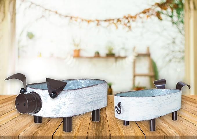 Galvanized Metal White Washed Farmhouse Pig Tray Distressed Pig Tabletop Centerpiece Décor Set of 2-VerdiqueGarden