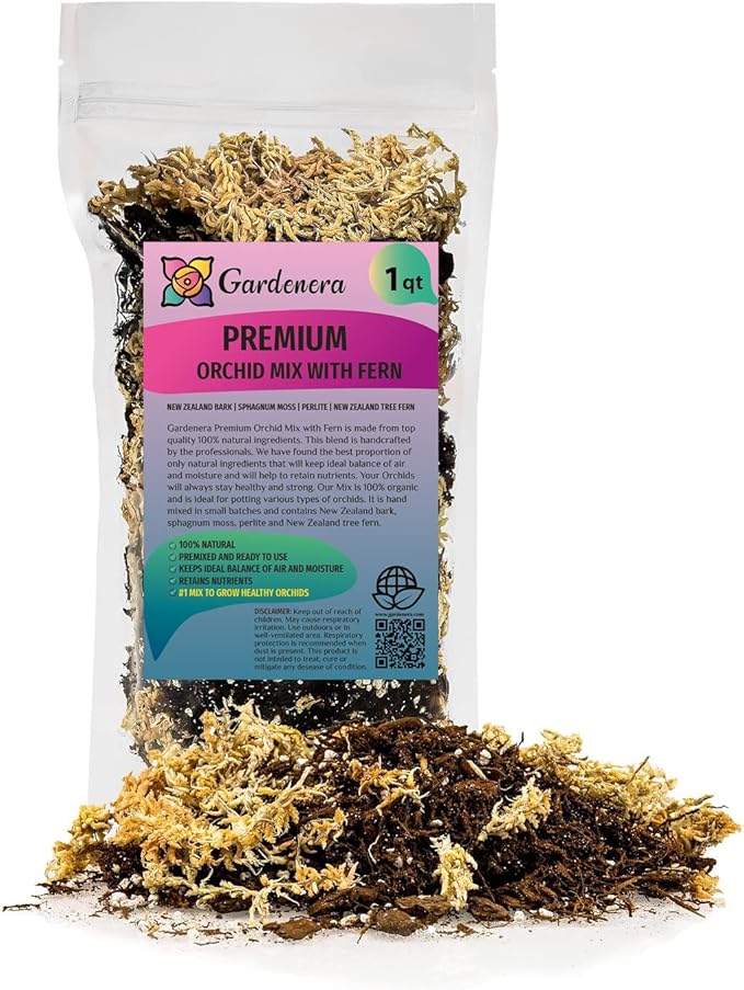 Premium Orchid Mix by GARDENERA | Fern + New Zealand Pine Bark + Sphagnum Moss + Perlite | Best for Growing and Repotting Orchids - 1 Quart Bag-VerdiqueGarden