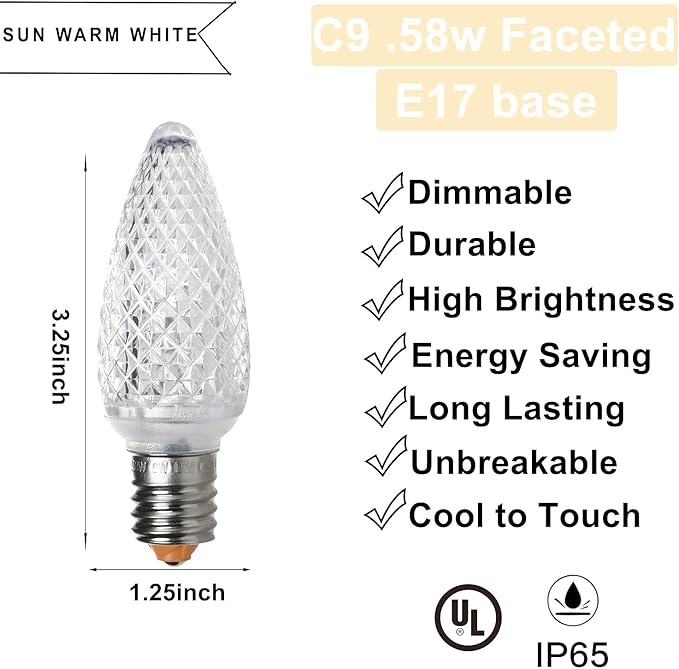 UL IP65 Set of 25 E17 C9 Sun Warm White Led Christmas Lights Replacement Bulbs, Waterproof Dimmable Colored Bulb for Christmas Decoration, Commercial Grade C9 LED Lights(Sun Warm White)-VerdiqueGarden