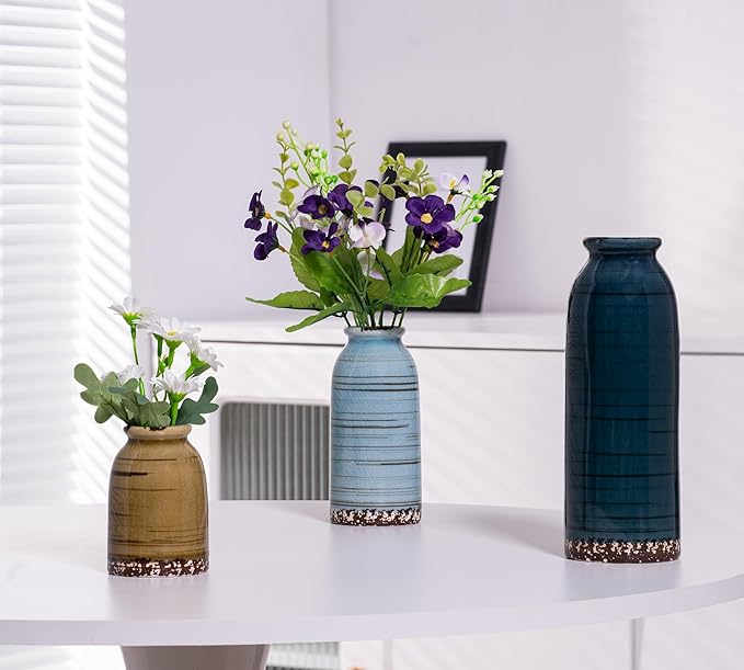 Ceramic Vase Set of 3, Farmhouse Decorative Vase for Pampas Grass, Living Room, Bathroom,Bookshelf, Centerpieces (Blue/Navy Blue/Yellow)-VerdiqueGarden