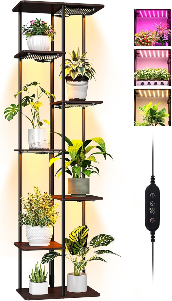 Indoor Plant Stand with Grow Lights , 7 Tier Corner Wooden Tall Grow Light Stand for Indoor Plants , Full Spectrum Dimmable 50W(5x10W) LED Grow Light Panel with Timer for Garden , Living Room-VerdiqueGarden