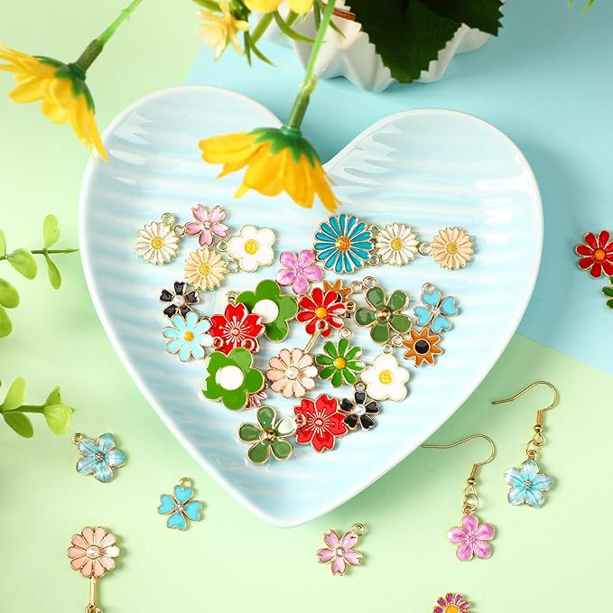 MARFOREVER 40 Pcs/20 Pairs Flower Charms for Jewelry Making Spring Summer Floral Themed Charms Assorted Gold Enamel Charm Pendants for Earrings Necklace Bracelet Making Accessories Gift for Mom Women