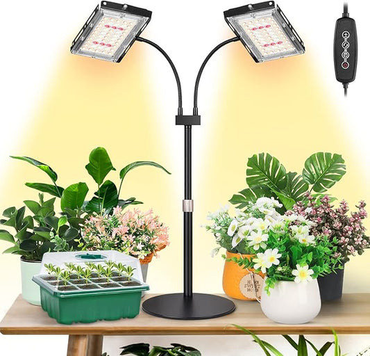 LBW Plant Grow Light, Full Spectrum Dual Heads Desk Plant Light for Indoor Plants, Growing Lamp with 3H/6H/12H Timer, 6-Level Brightness, 3 Lighting Modes, Height Adjustable, Ideal for Indoor Growth-VerdiqueGarden