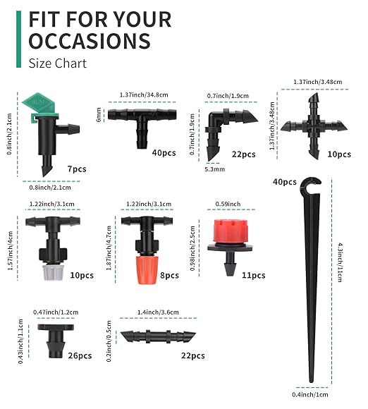 1/4 Drip Irrigation Fittings, 210 Pcs 1/4 Drip Irrigation Connectors Irrigation Fittings Kit for Flower Pot Garden Lawn (Spray,Micro Dripper,Straight Barbs,Tees,Elbows,End Plug,4-Way Coupling)-VerdiqueGarden