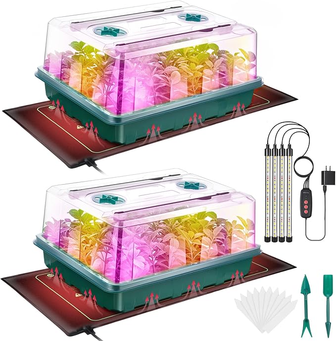 Seed Starter Tray, Seed Starter Kit with Grow Lights and Heat Mat, 96-Cell Seed Growing Tray, Seed Starting Trays Plant Starter Kit and Base, Indoor Gardening Plant Germination Trays (2)-VerdiqueGarden