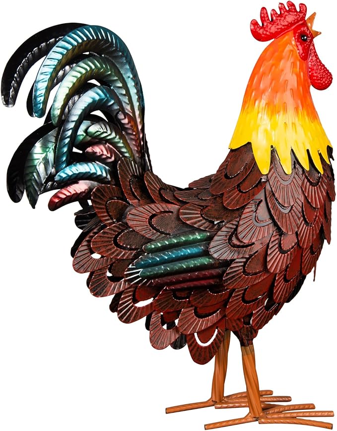 XONOR Metal Rooster Statues, Garden Chicken Decorations, Outdoor Chicken Sculpture, Metal Yard Rooster Artwork for Outdoor, Patio, Backyard and Home Kitchen Decoration (1pc, Red Brown)-VerdiqueGarden