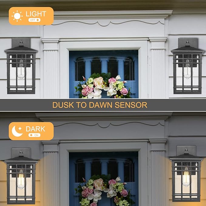 Dusk to Dawn Outdoor Wall Lantern,Exterior Wall Mount Light, 1-Light Outdoor Wall Lighting Fixture for Porch,Garage, Patio, Hallway and Entryway (Black-Wall Light, 1 Pack),DDAMS-W18-VerdiqueGarden