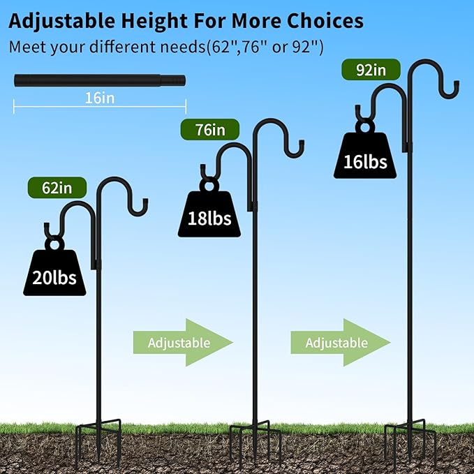 Double Shepherds Hooks for Outdoor, Bird Feeder Pole with 5 Prongs Base, Heavy Duty Garden Hook for Lantern, Wind Chime and Hummingbird Feeder, 76 Inch, 2 Pack-VerdiqueGarden