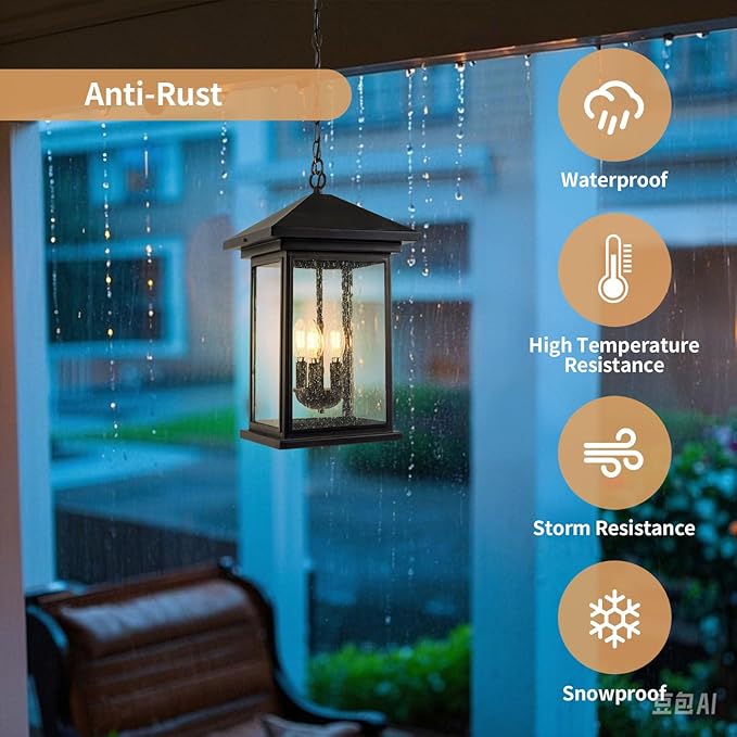 Classic Outdoor Hanging Lantern – Weather-Resistant, Stylish, Matte Black Finish, Clear Seeded Glass and Functional, Extra Large Size-VerdiqueGarden