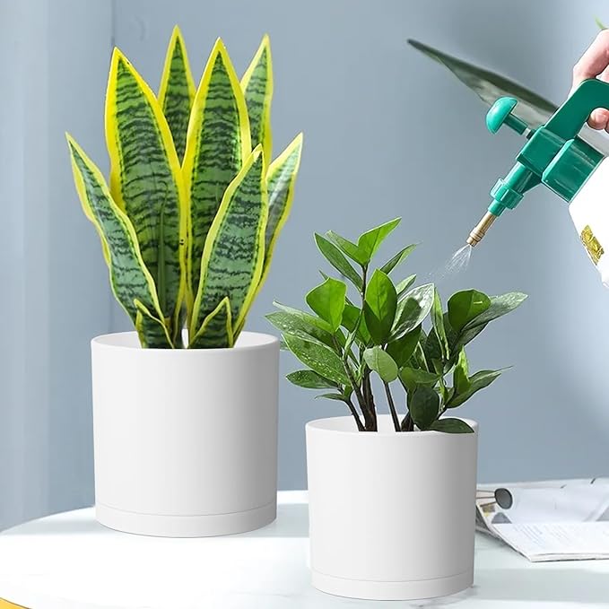 10/8/6 inch Deep Flower Pots, 3 Pack Cylinder Tall Plant Pots for Outdoor Indoor Plants, Large Decorative Plastic Planters with Drainage Holes and Saucers for Garden House Plants, White-VerdiqueGarden